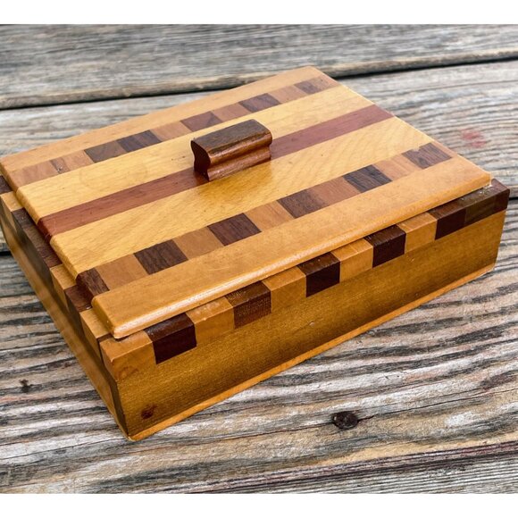 Vintage 1960s Parquet Marquetry Lidded Wood Box MCM - Picture 4 of 16